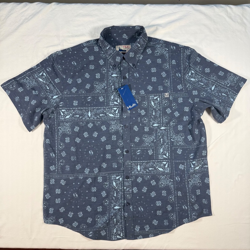 Huk Kona Hukdana Mens XL Grey Paisley Fishing Shirt Short Sleeve Button Down New